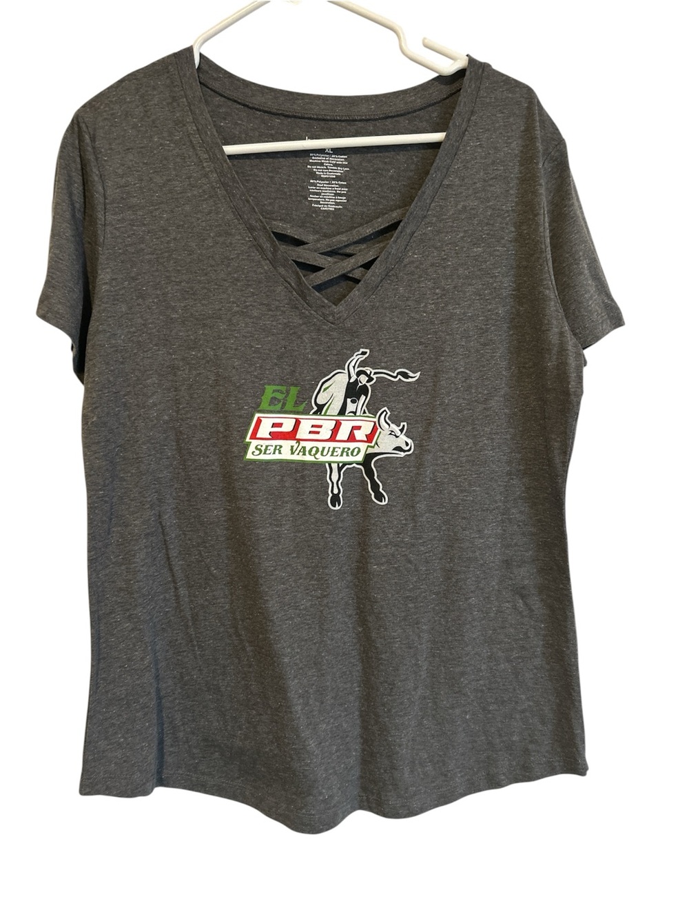 Women’s Boxercraft PBR Short Sleeve T-shirt Cross V Neck Front, Size XL
